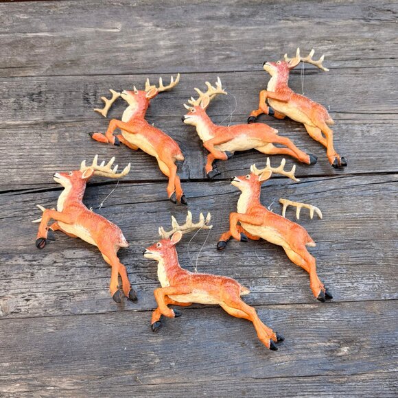 Vintage Lot of 6 Jumping Deer READ Whitetail Buck Ornaments Glitter Antlers - Picture 1 of 13